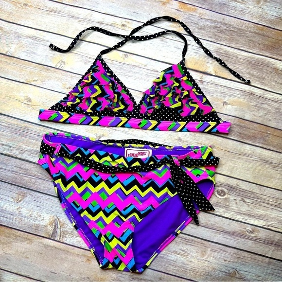 Vintage Breaking Waves Tween Juniors Size 16 Zig Zag 90's Retro Neon Bikini Swim - Picture 1 of 15